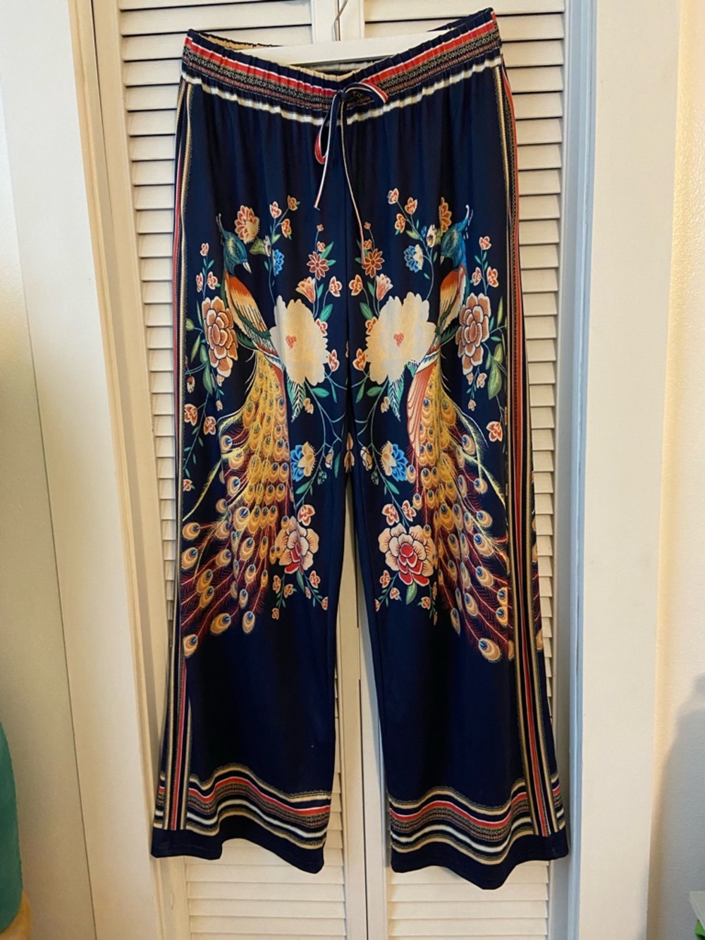 Women’s Navy Wide-Leg Pants with Vibrant Peacock & Floral Print